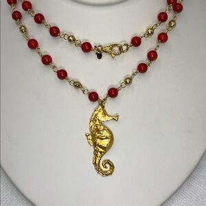 NWOT Gold Plated Bronze Genuine Red Sea Coral Beaded Necklace -Designer Bellezza
